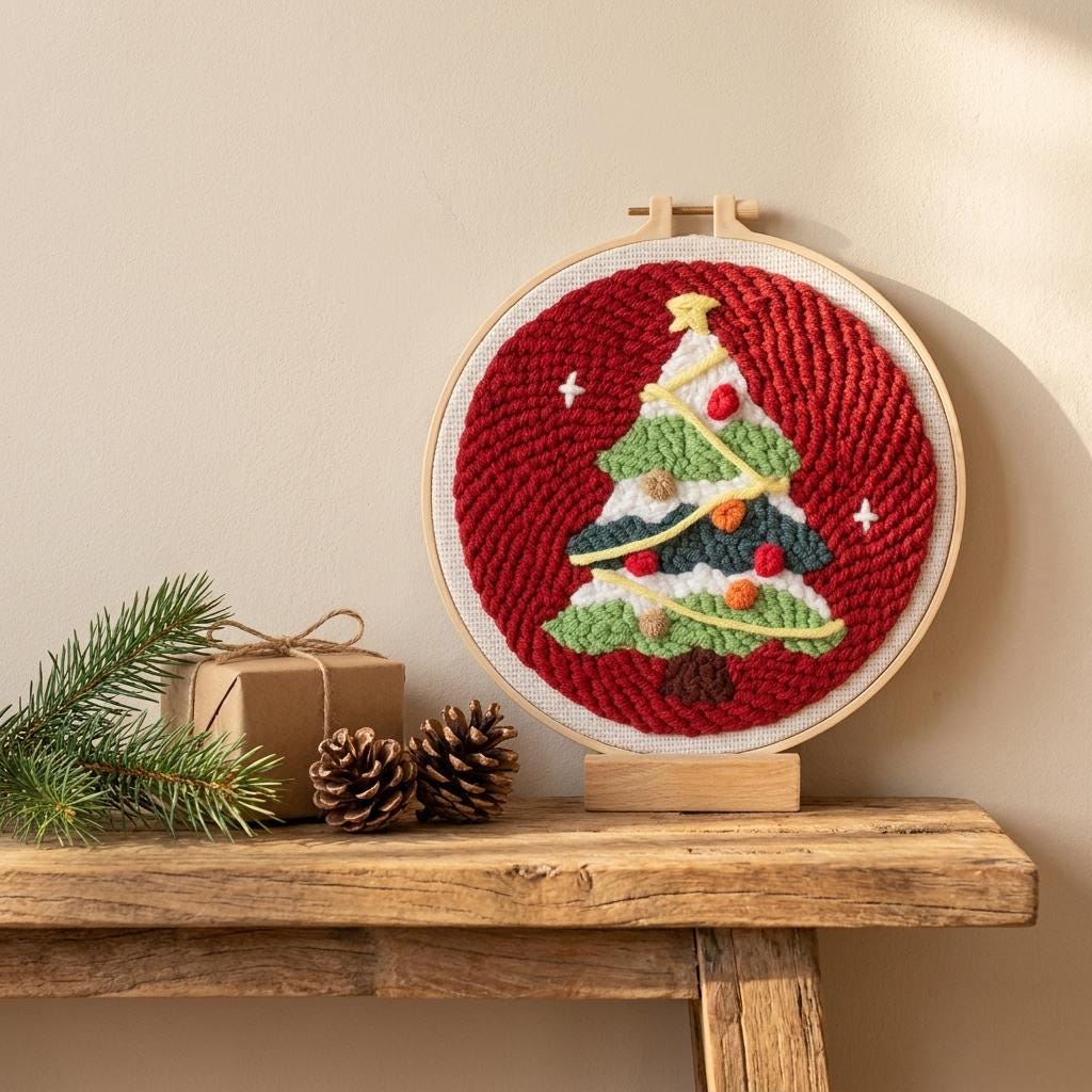 Christmas Tree Punch Needle Kit, 8-Inch Beginner Holiday Embroidery Set