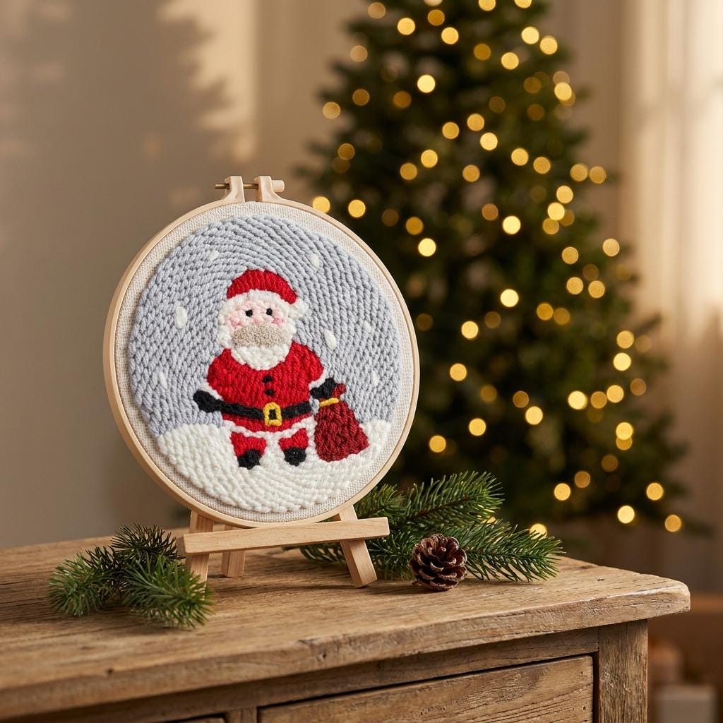 Santa Claus Punch Needle Kit, 8-Inch Beginner Christmas Embroidery Set