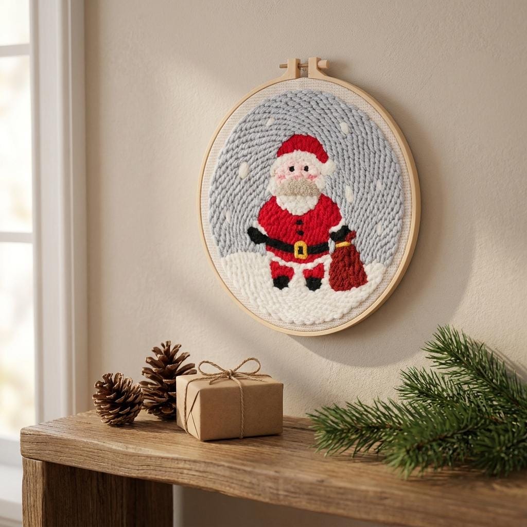 Santa Claus Punch Needle Kit, 8-Inch Beginner Christmas Embroidery Set