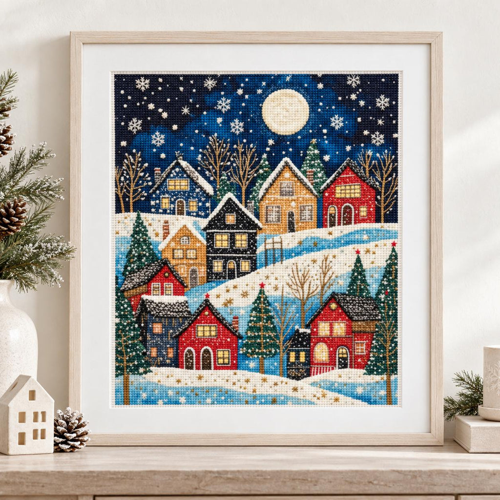 Winter Village Cross Stitch Kit, 30x40cm Stamped 11CT or 14CT Christmas Needlework Set