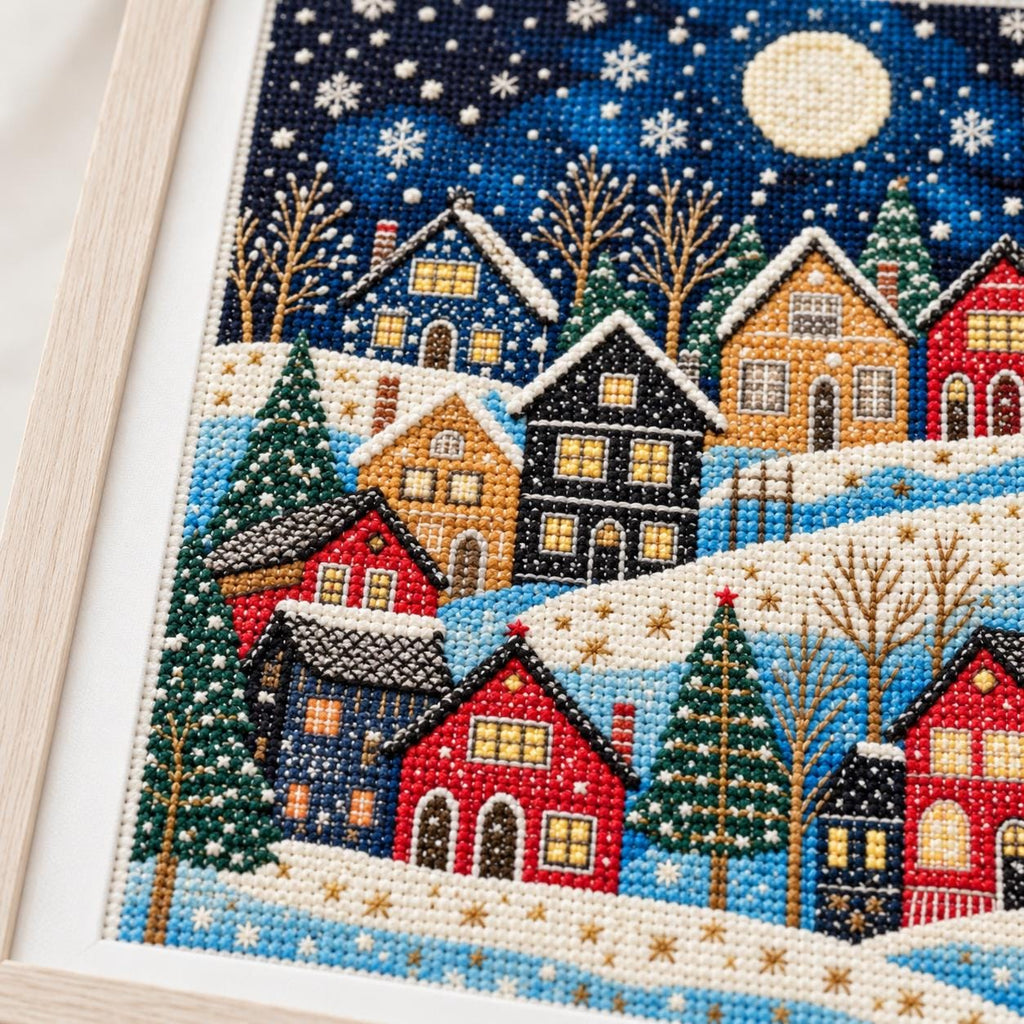 Winter Village Cross Stitch Kit, 30x40cm Stamped 11CT or 14CT Christmas Needlework Set