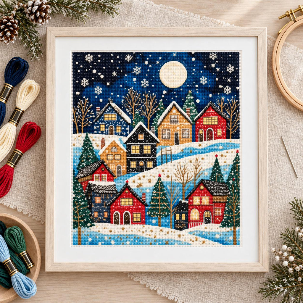 Winter Village Cross Stitch Kit, 30x40cm Stamped 11CT or 14CT Christmas Needlework Set
