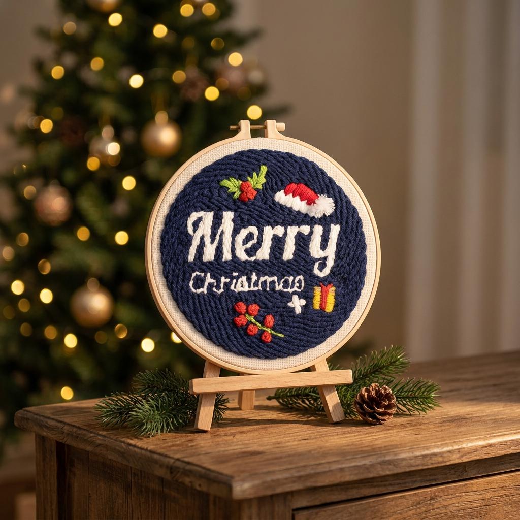 Merry Christmas Punch Needle Kit, 8-Inch Beginner Holiday Embroidery Set