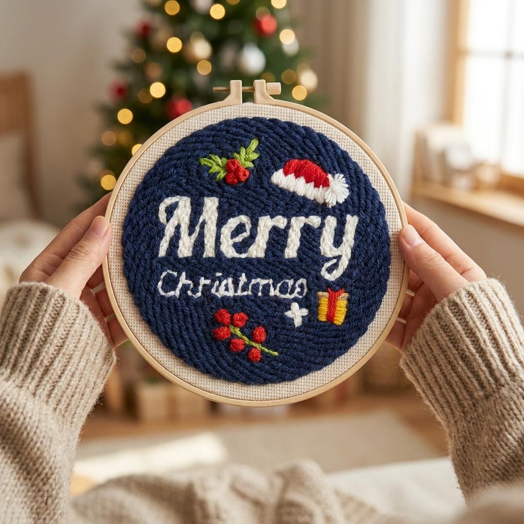 Merry Christmas Punch Needle Kit, 8-Inch Beginner Holiday Embroidery Set