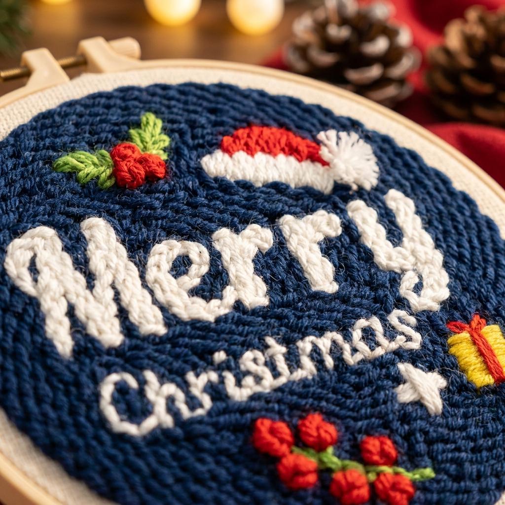 Merry Christmas Punch Needle Kit, 8-Inch Beginner Holiday Embroidery Set