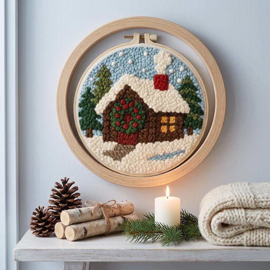 Christmas Punch Needle Kit – Cozy Winter Cottage, Beginner DIY Embroidery Kit with 20cm Hoop, Holiday Craft Gift