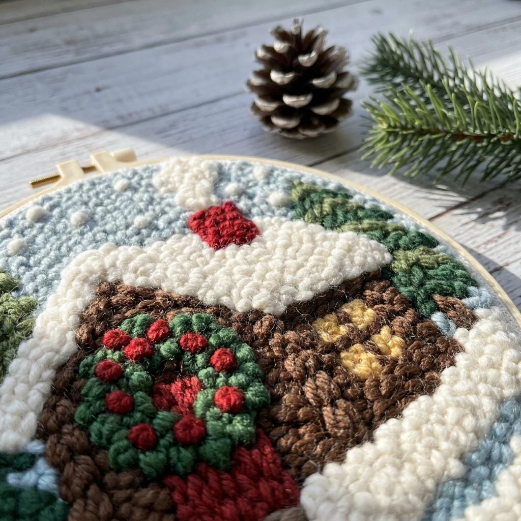 Christmas Punch Needle Kit – Cozy Winter Cottage, Beginner DIY Embroidery Kit with 20cm Hoop, Holiday Craft Gift