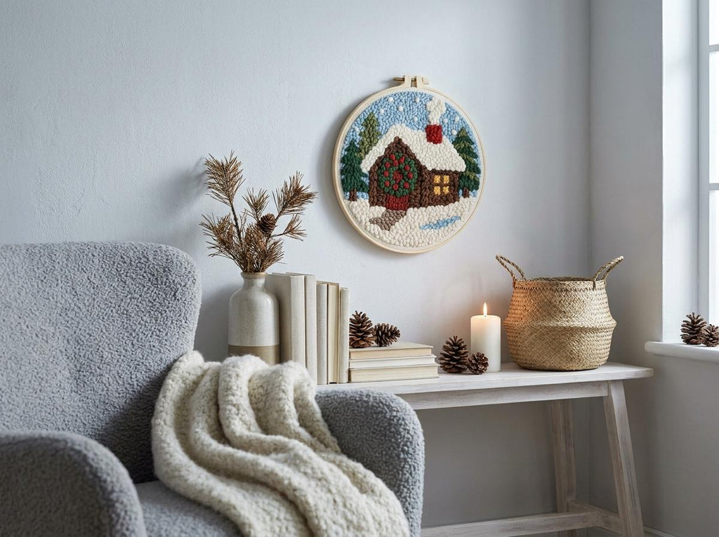 Christmas Punch Needle Kit – Cozy Winter Cottage, Beginner DIY Embroidery Kit with 20cm Hoop, Holiday Craft Gift