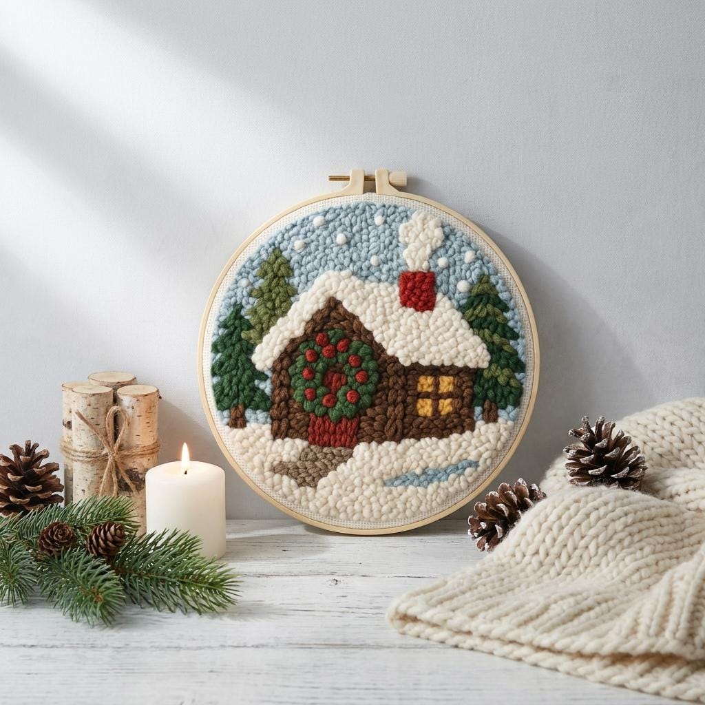 Christmas Punch Needle Kit – Cozy Winter Cottage, Beginner DIY Embroidery Kit with 20cm Hoop, Holiday Craft Gift
