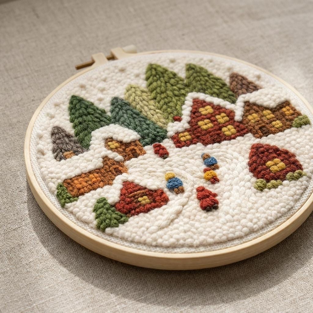 Christmas Punch Needle Kit, Winter Village Embroidery, Snowy Cottage DIY Craft (Hoop)