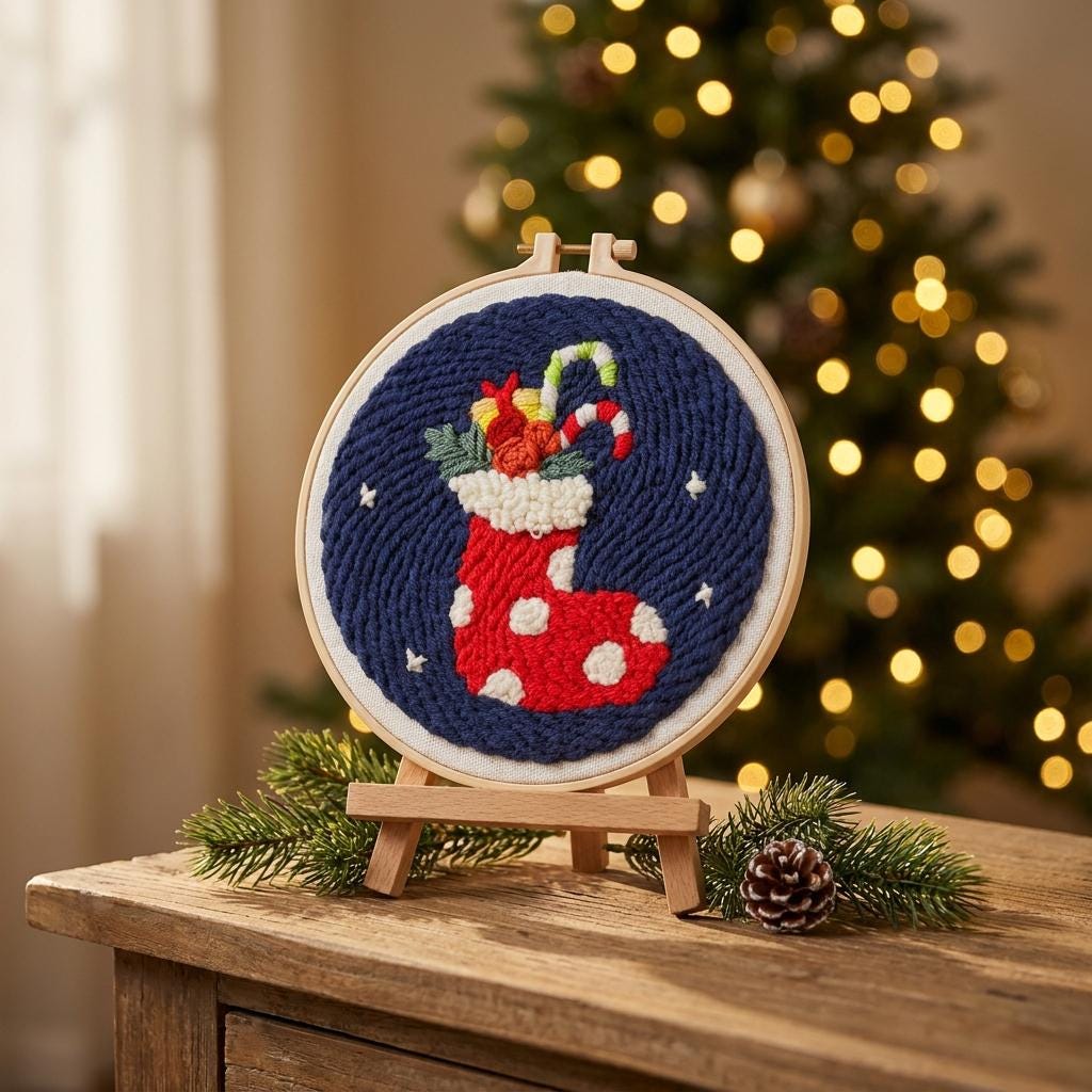 Christmas Stocking Punch Needle Kit, 8-Inch Beginner Holiday Embroidery Set