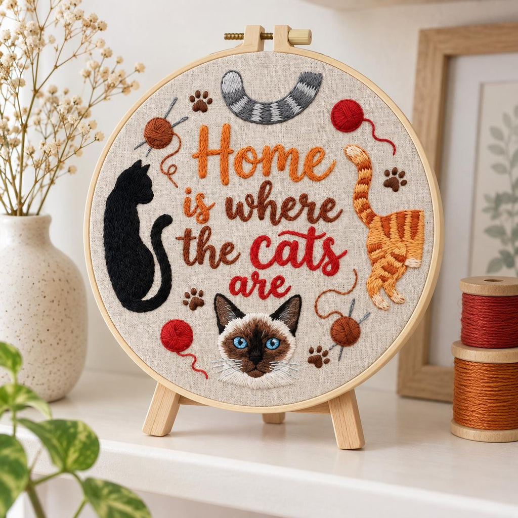 Cat Embroidery Kit, Home Is Where the Cats Are, 6 or 8 Inch Beginner Needlework Set