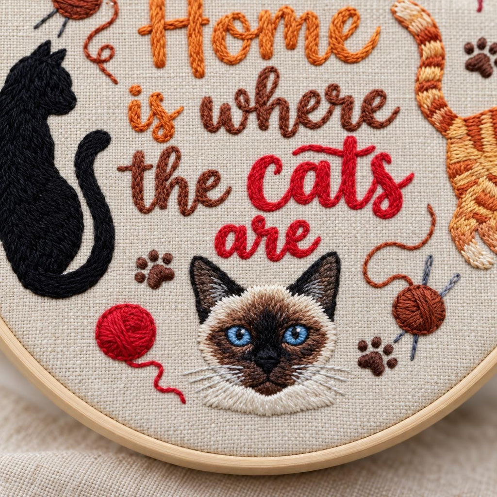 Cat Embroidery Kit, Home Is Where the Cats Are, 6 or 8 Inch Beginner Needlework Set