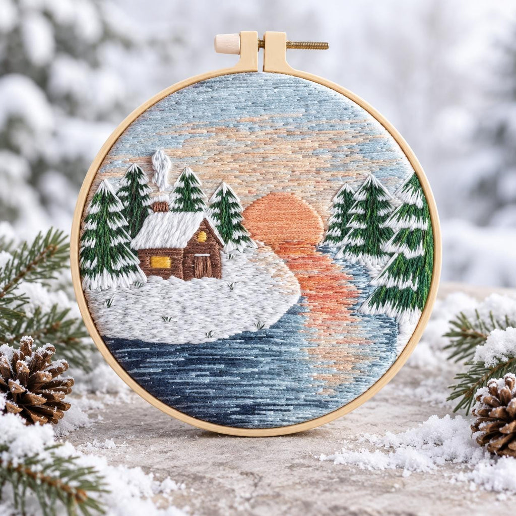 Winter Cabin Embroidery Kit, 8-Inch Snowy Landscape Needlework Set for Beginners