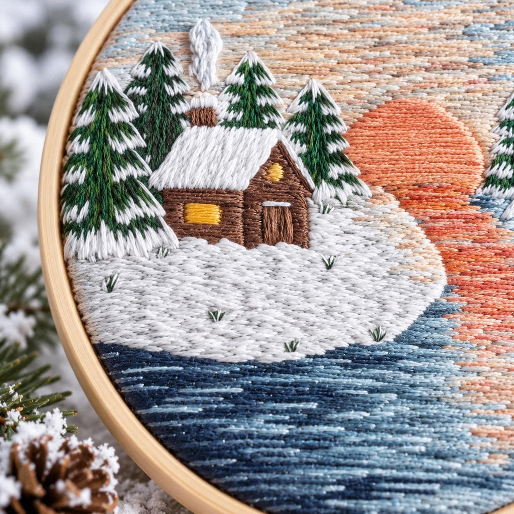Winter Cabin Embroidery Kit, 8-Inch Snowy Landscape Needlework Set for Beginners