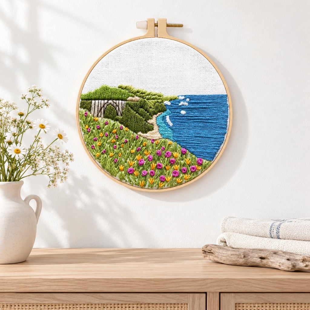 Coastal Landscape Embroidery Kit, 8-Inch Wildflower Seaside Needlework Set for Beginners