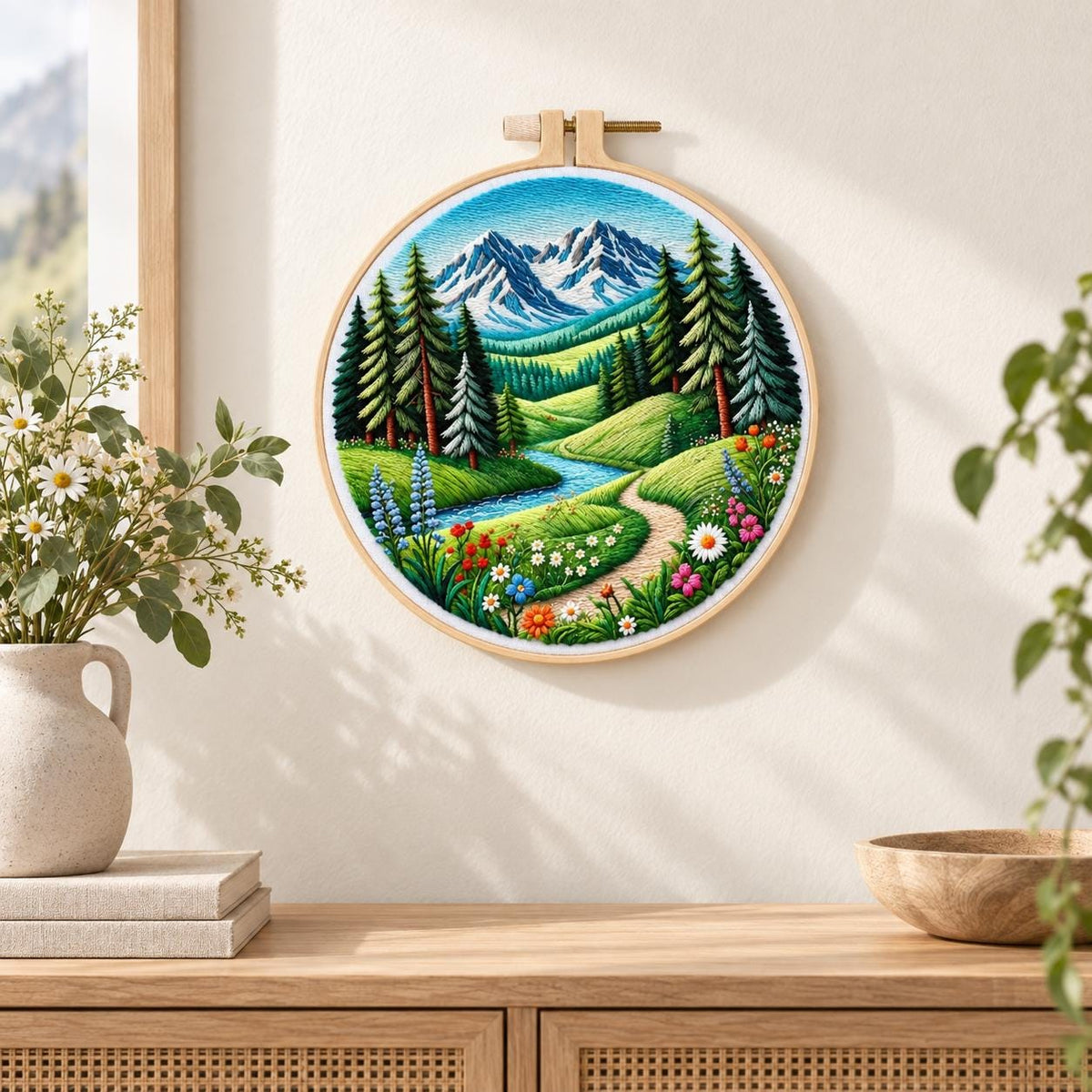 Mountain Landscape Embroidery Kit, 8-Inch Alpine Meadow Needlework Set for Beginners