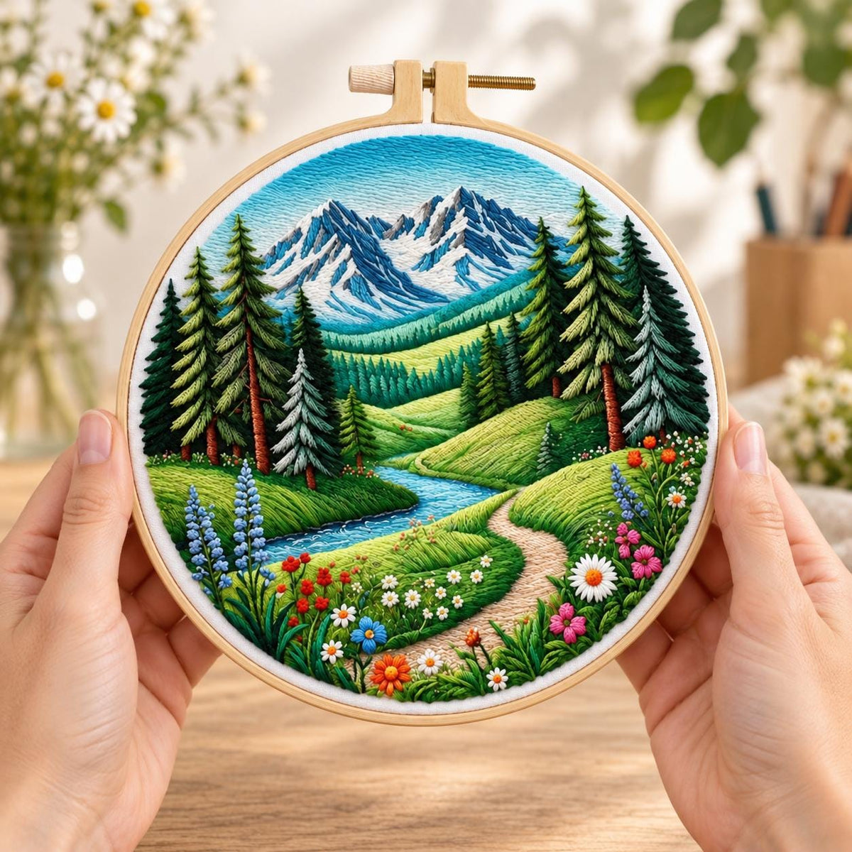 Mountain Landscape Embroidery Kit, 8-Inch Alpine Meadow Needlework Set for Beginners
