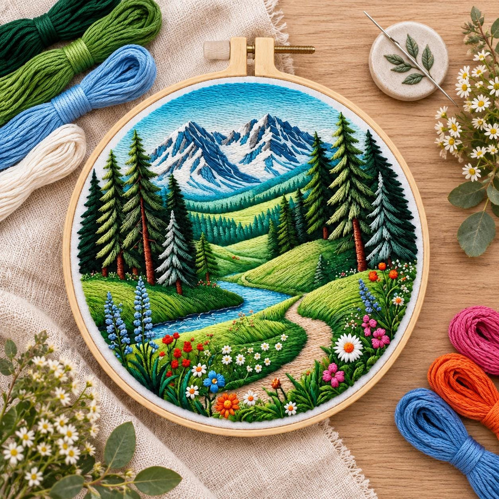 Mountain Landscape Embroidery Kit, 8-Inch Alpine Meadow Needlework Set for Beginners