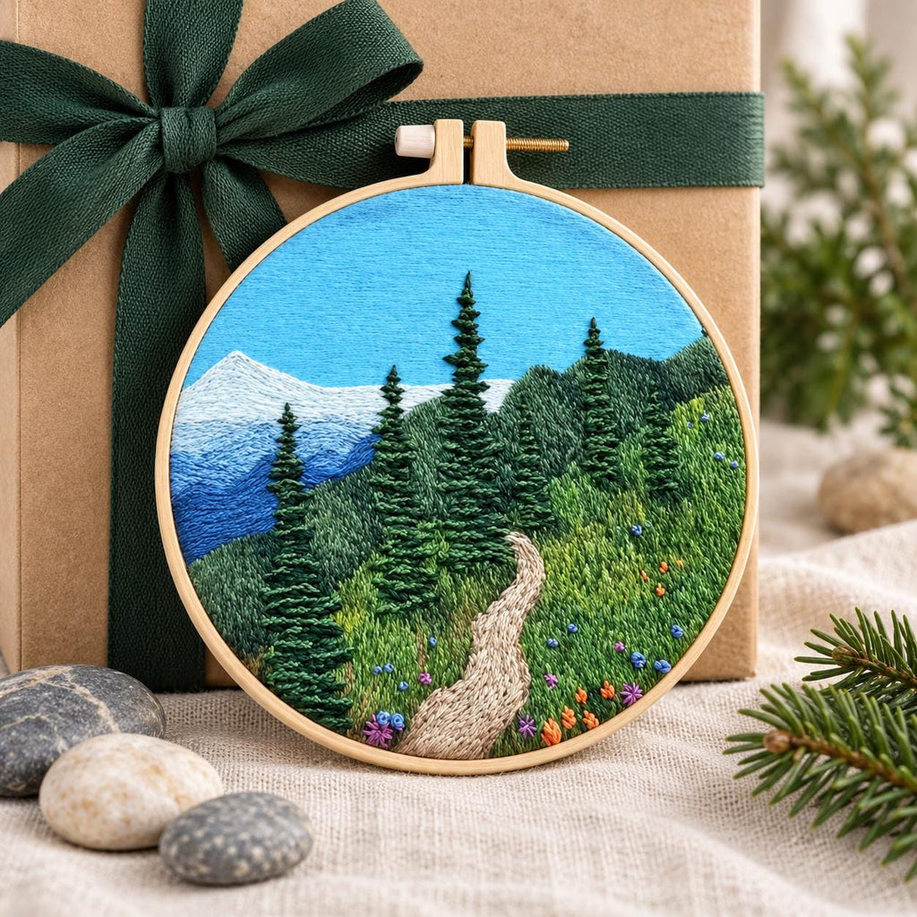 Mountain Trail Embroidery Kit, 8-Inch Evergreen Forest Needlework Set for Beginners