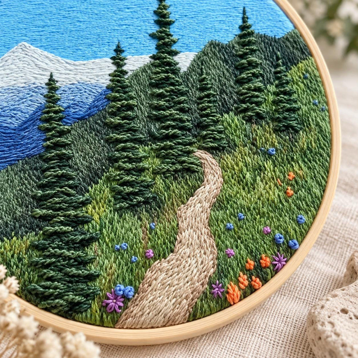 Mountain Trail Embroidery Kit, 8-Inch Evergreen Forest Needlework Set for Beginners