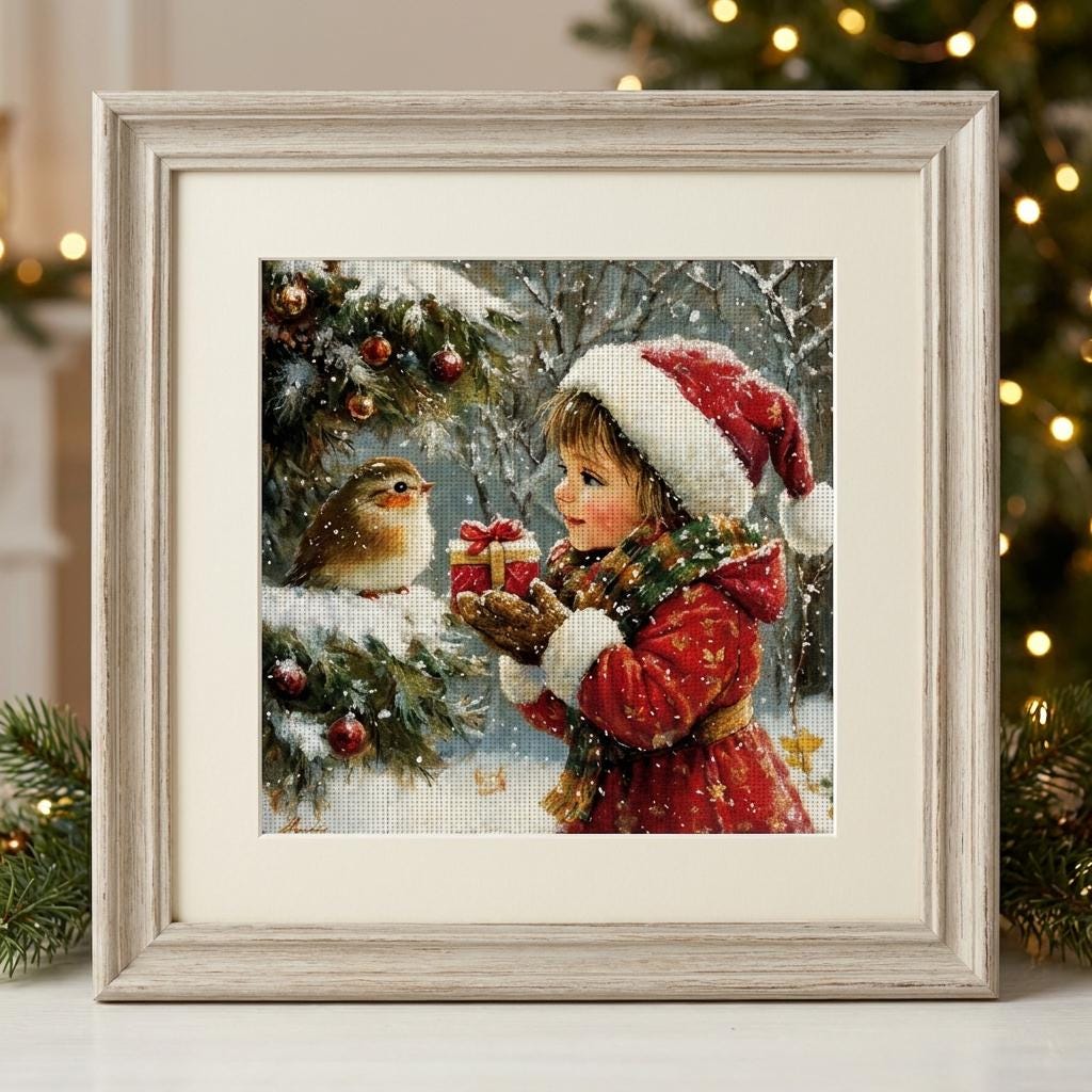 Christmas Cross Stitch Kit 40x40cm, 14CT Stamped Cross Stitch Kit for Adults, Winter Girl Embroidery Kit, Holiday Needlework Gift