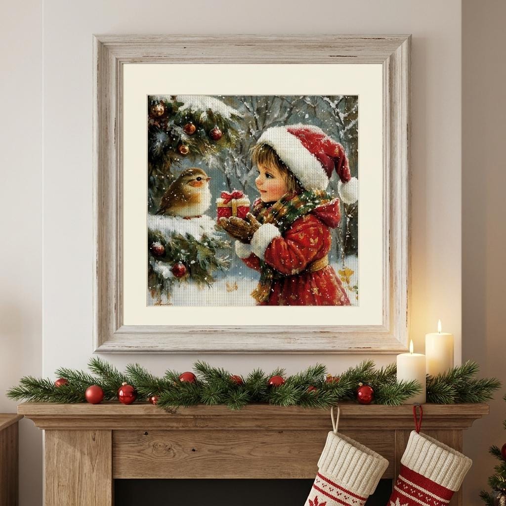 Christmas Cross Stitch Kit 40x40cm, 14CT Stamped Cross Stitch Kit for Adults, Winter Girl Embroidery Kit, Holiday Needlework Gift