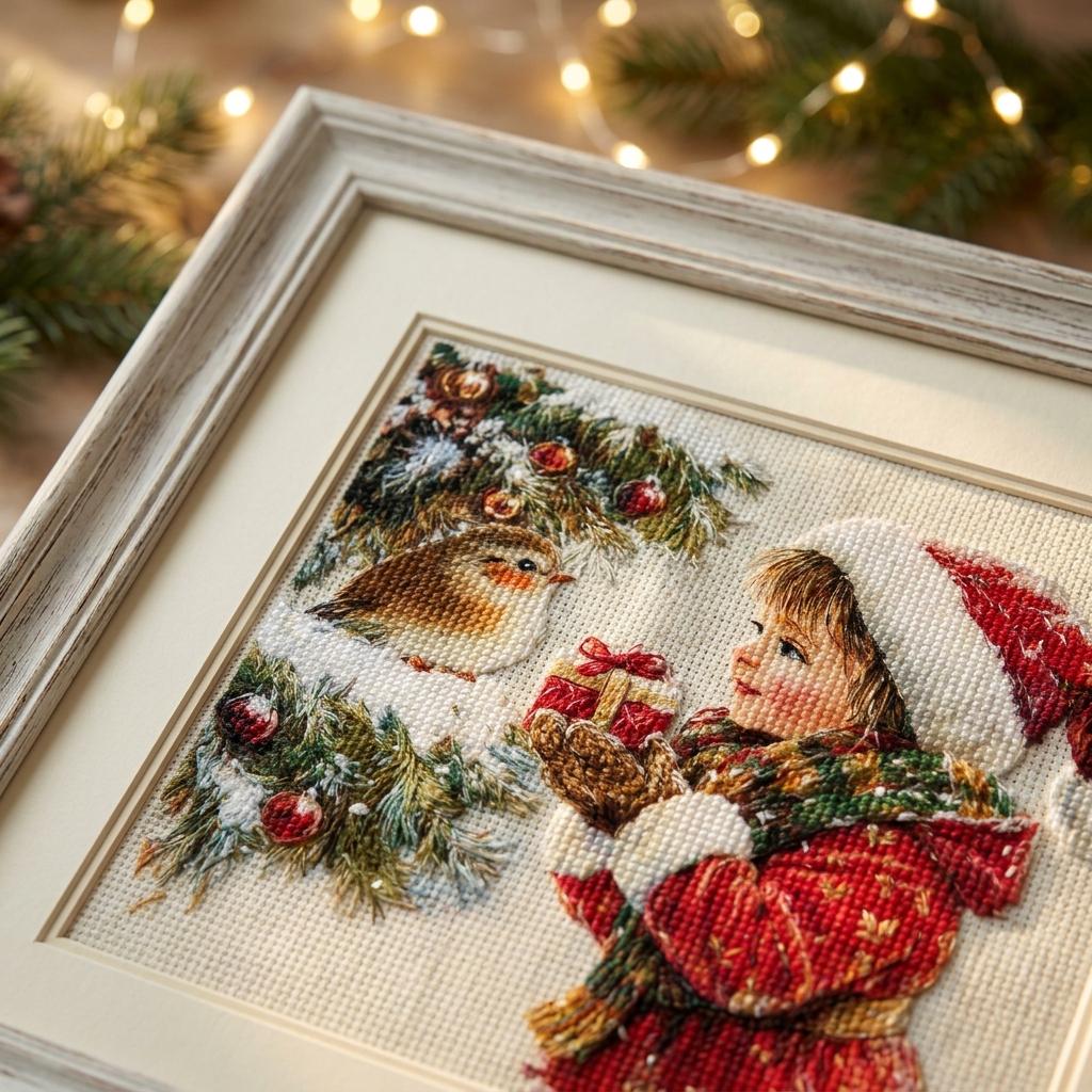 Christmas Cross Stitch Kit 40x40cm, 14CT Stamped Cross Stitch Kit for Adults, Winter Girl Embroidery Kit, Holiday Needlework Gift