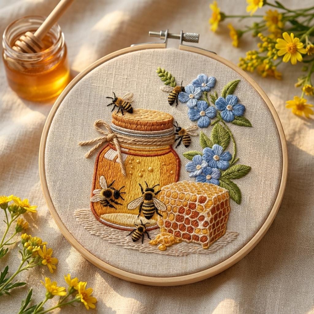 Honey Bee Embroidery Kit for Adults, Floral Hand Embroidery Starter Kit, Honey Jar Needlework, 20cm DIY Craft Gift