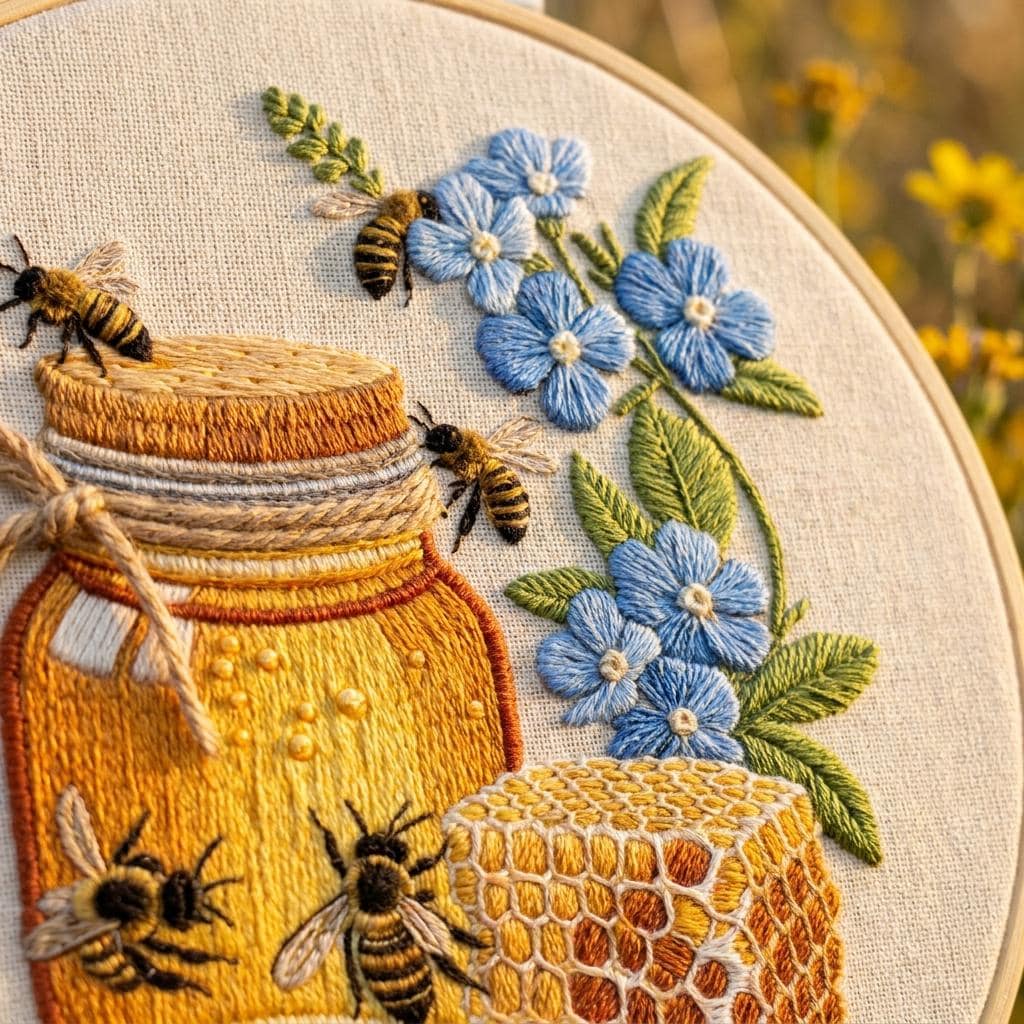 Honey Bee Embroidery Kit for Adults, Floral Hand Embroidery Starter Kit, Honey Jar Needlework, 20cm DIY Craft Gift