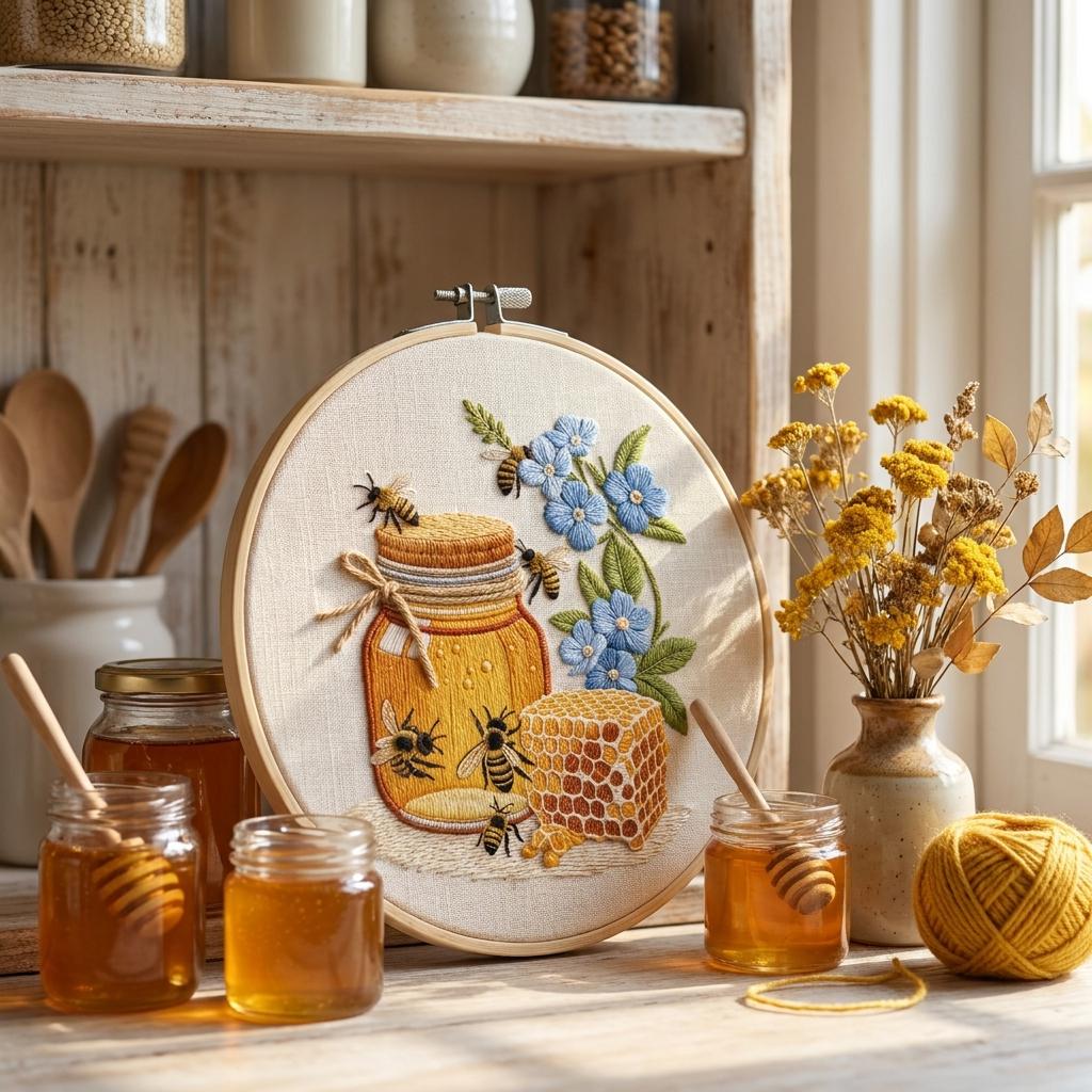 Honey Bee Embroidery Kit for Adults, Floral Hand Embroidery Starter Kit, Honey Jar Needlework, 20cm DIY Craft Gift