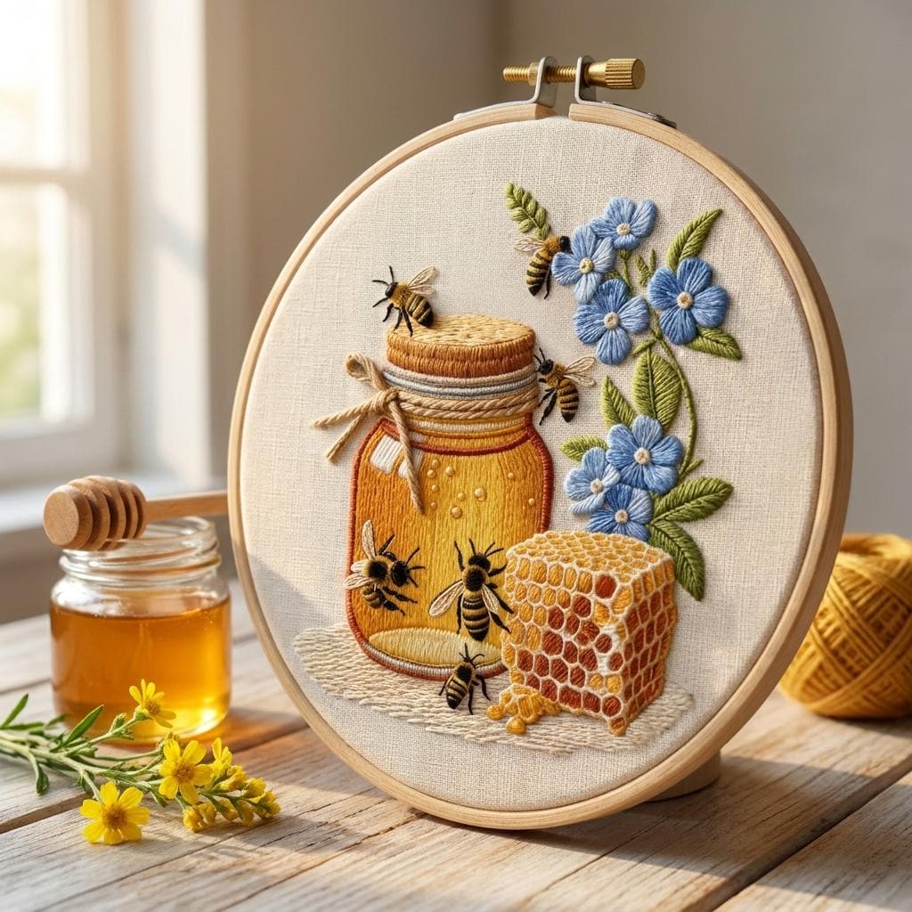 Honey Bee Embroidery Kit for Adults, Floral Hand Embroidery Starter Kit, Honey Jar Needlework, 20cm DIY Craft Gift