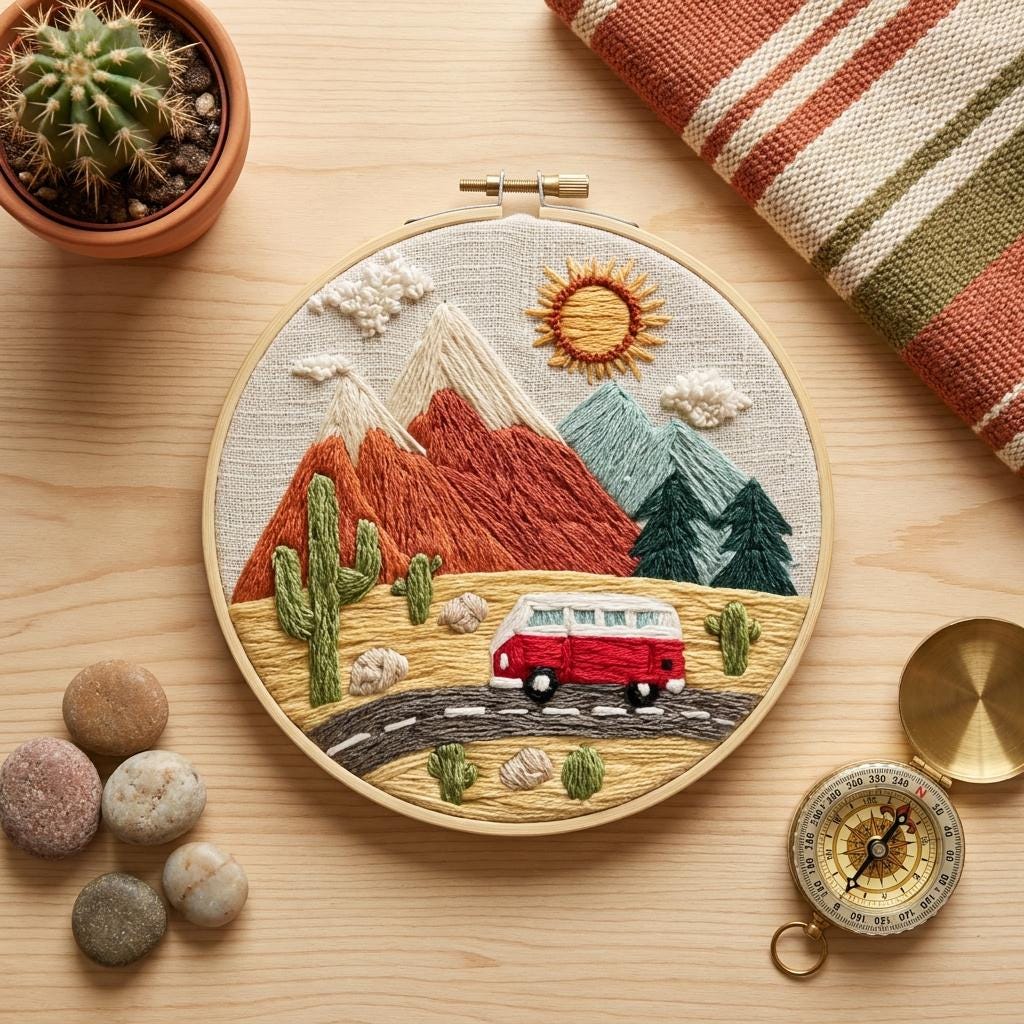 Desert Embroidery Kit for Adults, Mountain Bus Hand Embroidery Kit, Cactus Needlework Starter Kit, 20cm Beginner DIY Craft Gift