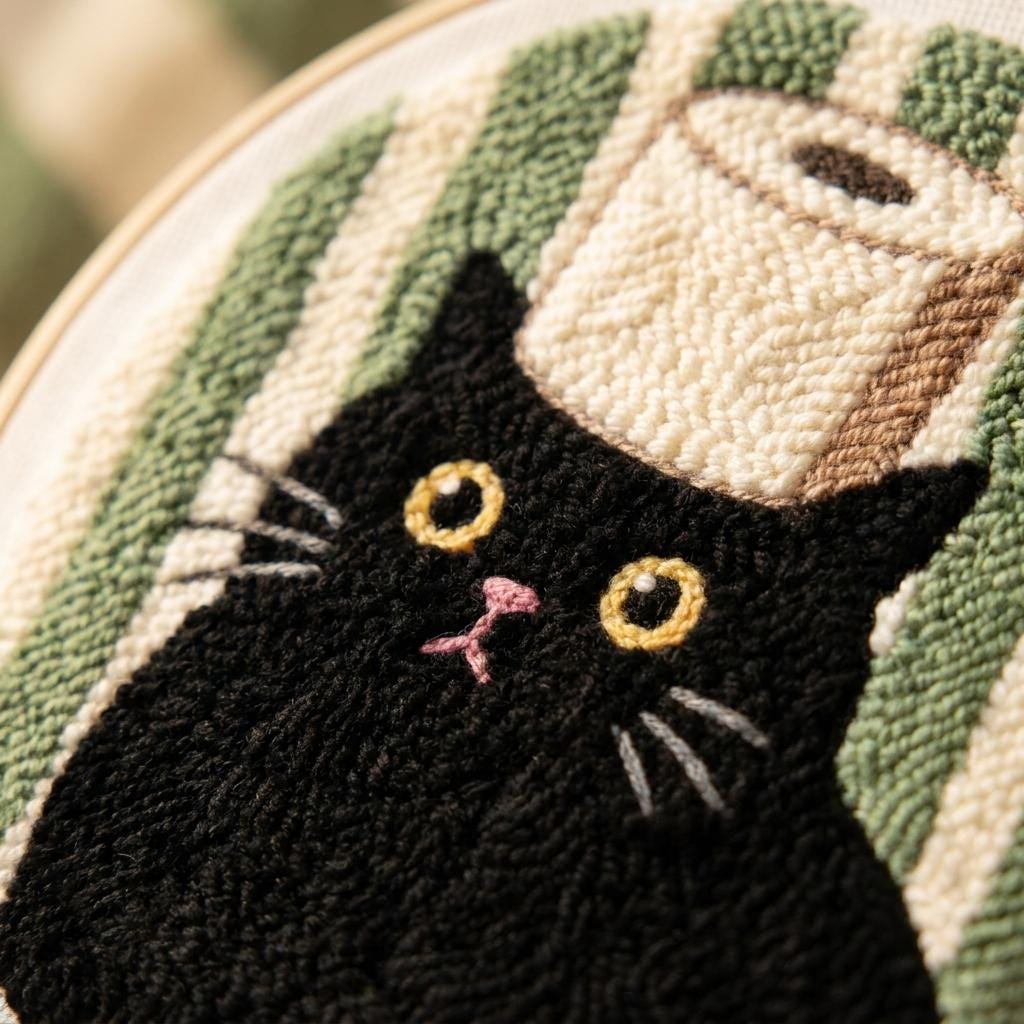Cat Punch Needle Kit for Adults, Black Cat Embroidery Kit, Beginner Punch Needle Starter Kit, 20cm Funny DIY Needlework Craft