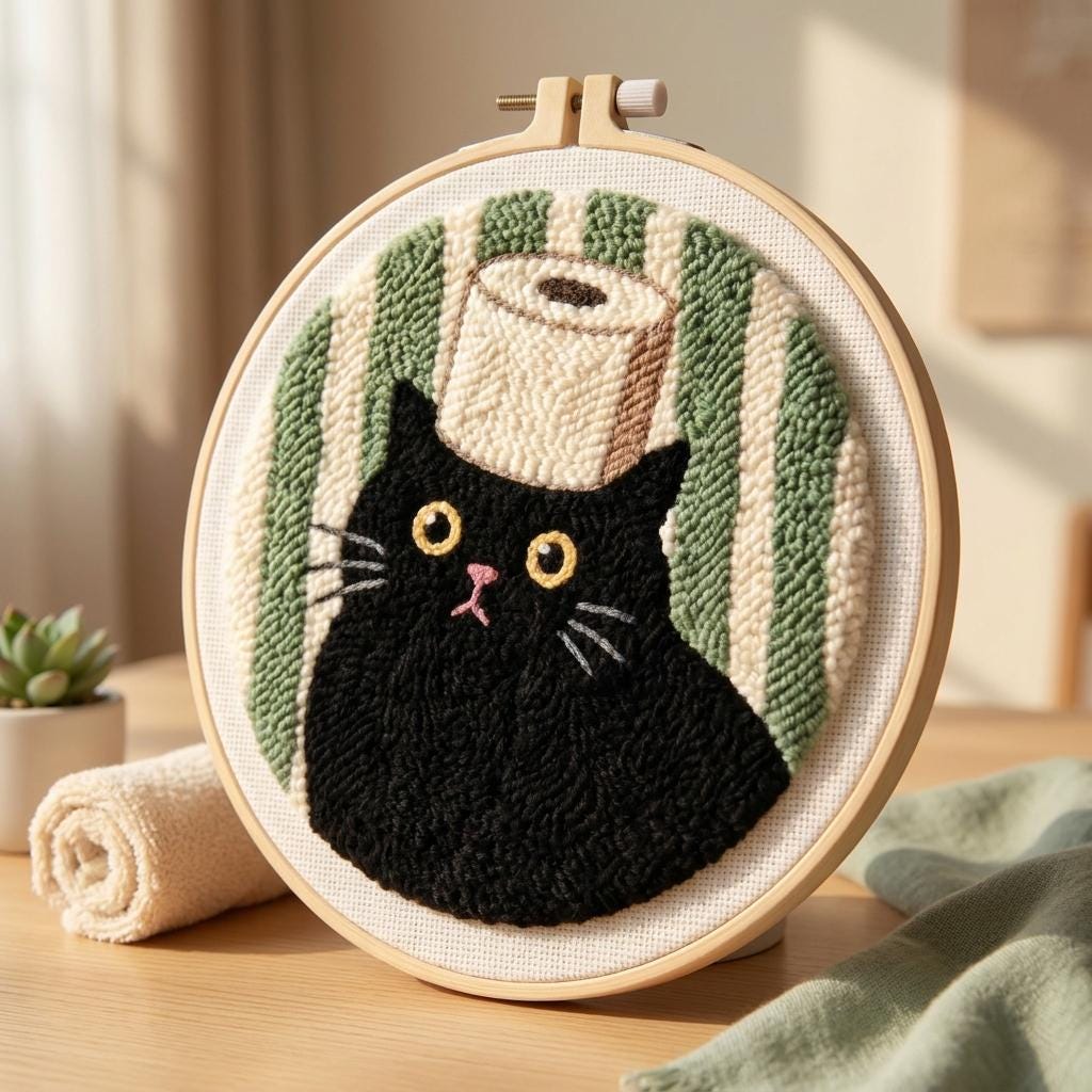 Cat Punch Needle Kit for Adults, Black Cat Embroidery Kit, Beginner Punch Needle Starter Kit, 20cm Funny DIY Needlework Craft