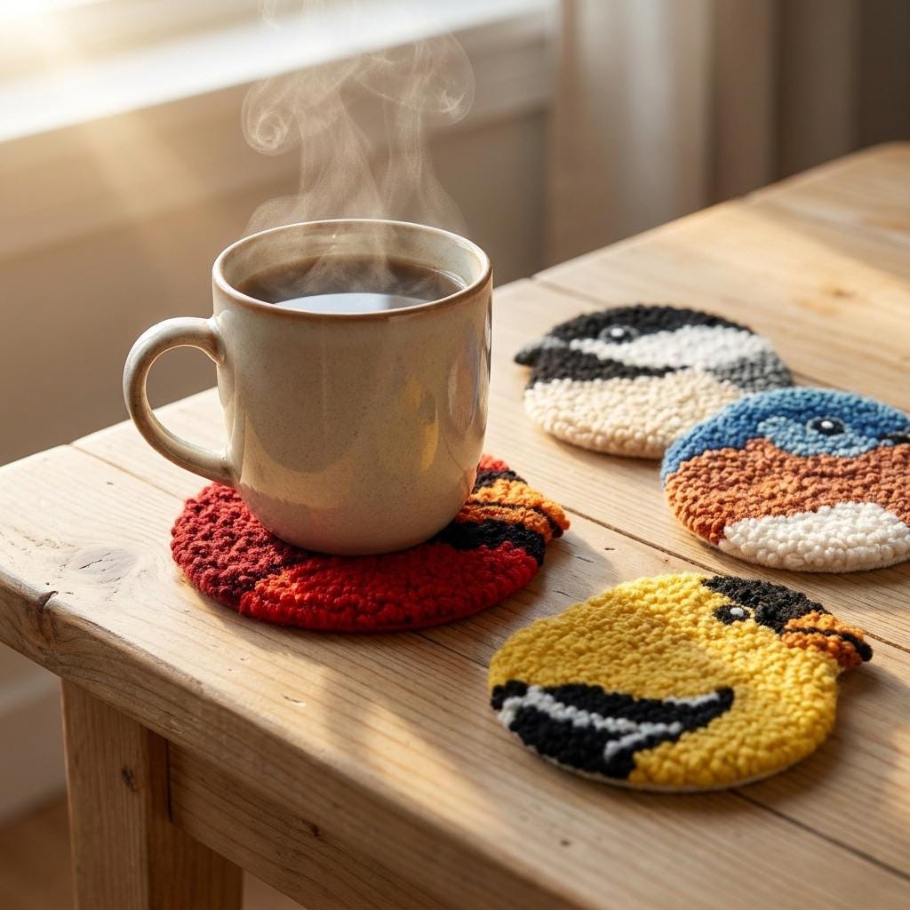 Bird Punch Needle Coaster Kit, 6 Bird Coasters DIY Craft Kit for Adults, Beginner Needlework Set, Handmade Gift for Bird Lovers
