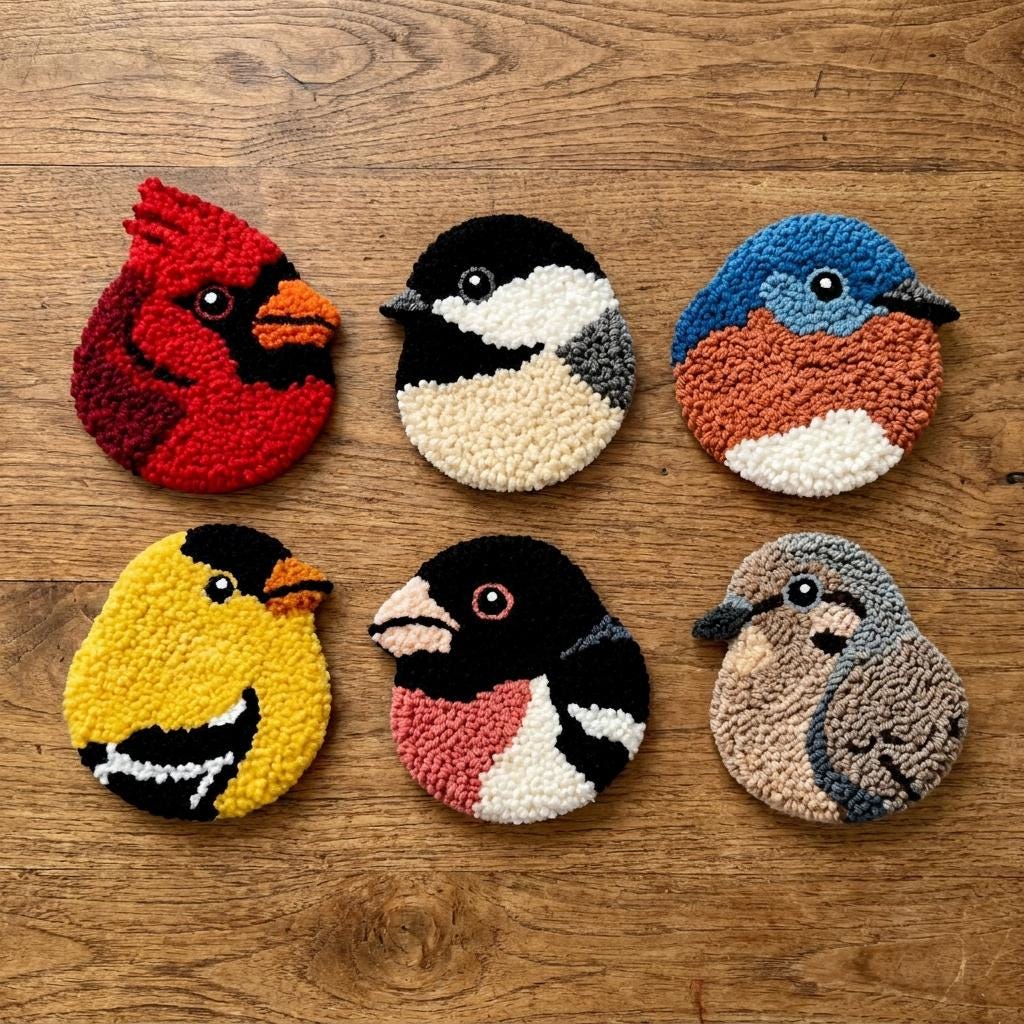 Bird Punch Needle Coaster Kit, 6 Bird Coasters DIY Craft Kit for Adults, Beginner Needlework Set, Handmade Gift for Bird Lovers