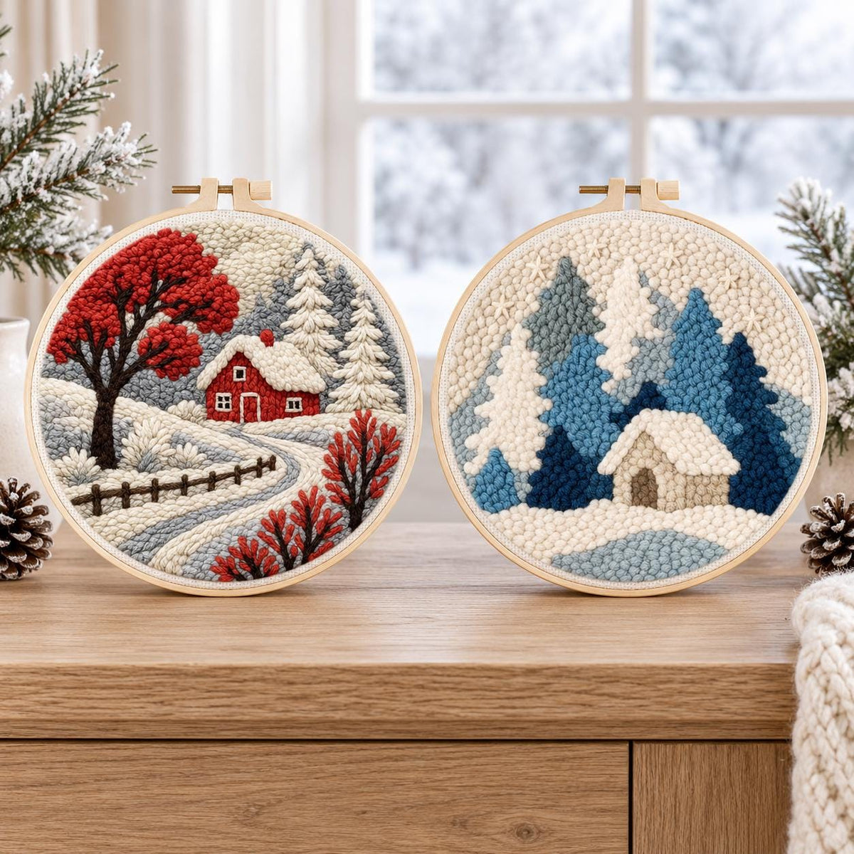 Christmas Punch Needle Embroidery Kit, Winter Landscape DIY Craft (20cm)