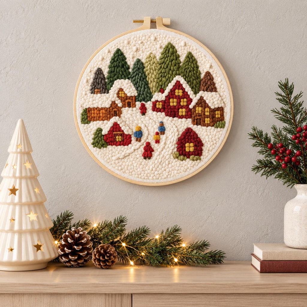Christmas Punch Needle Kit, Winter Landscape Embroidery Kit, 20cm Beginner DIY Craft, Snowy Village Holiday Gift for Adults