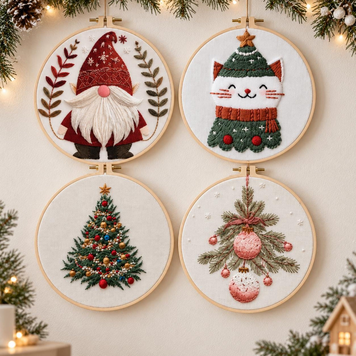 4 Christmas Embroidery Kits for Beginners, 15cm Holiday Hand Stitch Set, Cat Gnome Tree DIY Craft Kit, Gift for Adults