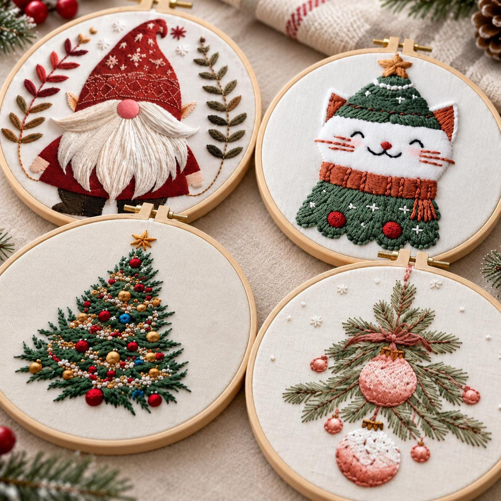 4 Christmas Embroidery Kits for Beginners, 15cm Holiday Hand Stitch Set, Cat Gnome Tree DIY Craft Kit, Gift for Adults