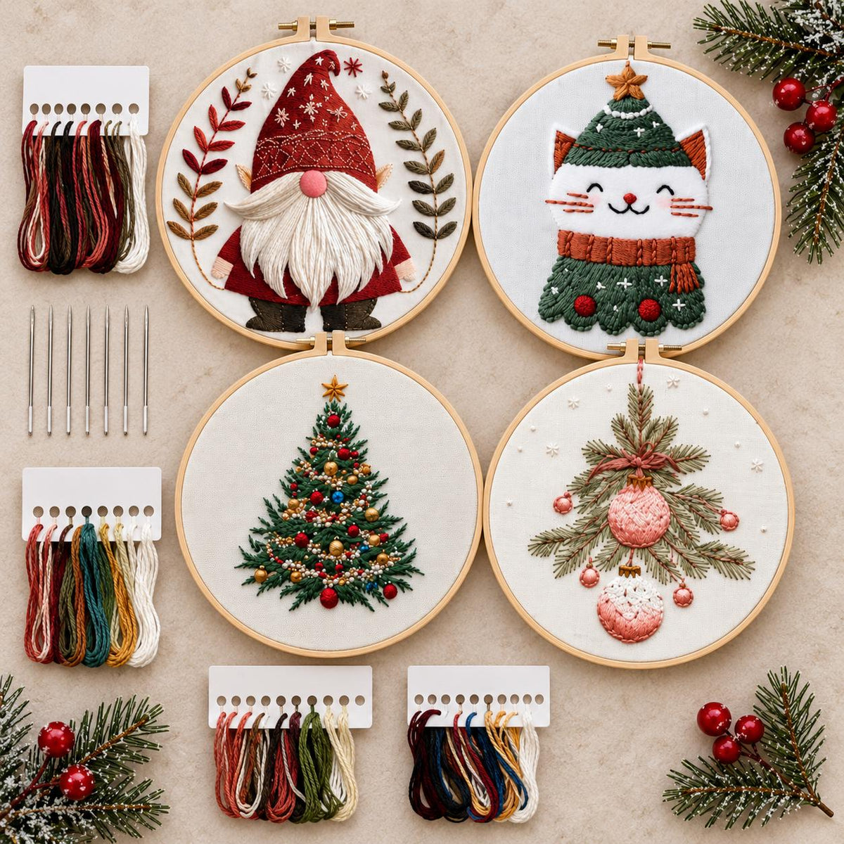 4 Christmas Embroidery Kits for Beginners, 15cm Holiday Hand Stitch Set, Cat Gnome Tree DIY Craft Kit, Gift for Adults