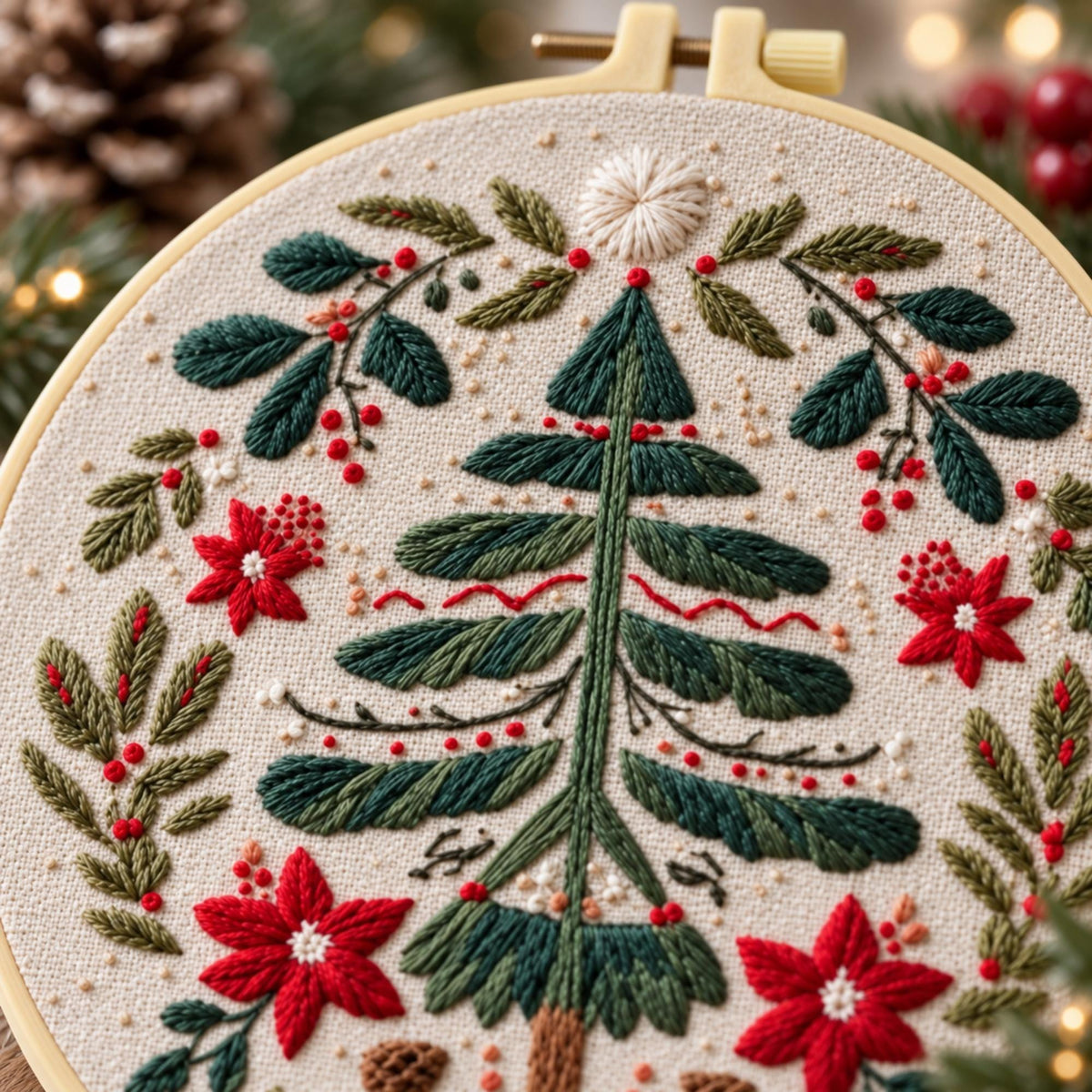 Christmas Tree Embroidery Kit, Poinsettia Wreath Hoop Art (20cm)
