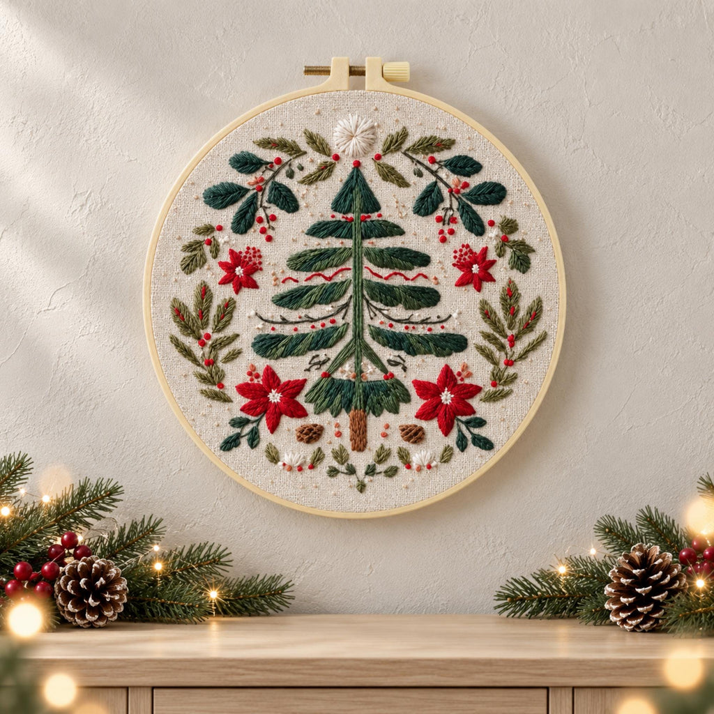 Christmas Tree Embroidery Kit, Poinsettia Wreath Hoop Art (20cm)