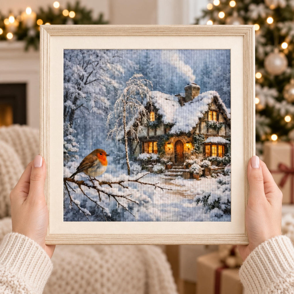 Winter Cottage Cross Stitch Kit, 14CT Stamped Embroidery Kit, Snowy House and Robin Needlework, 40x40cm Christmas Craft for Adults