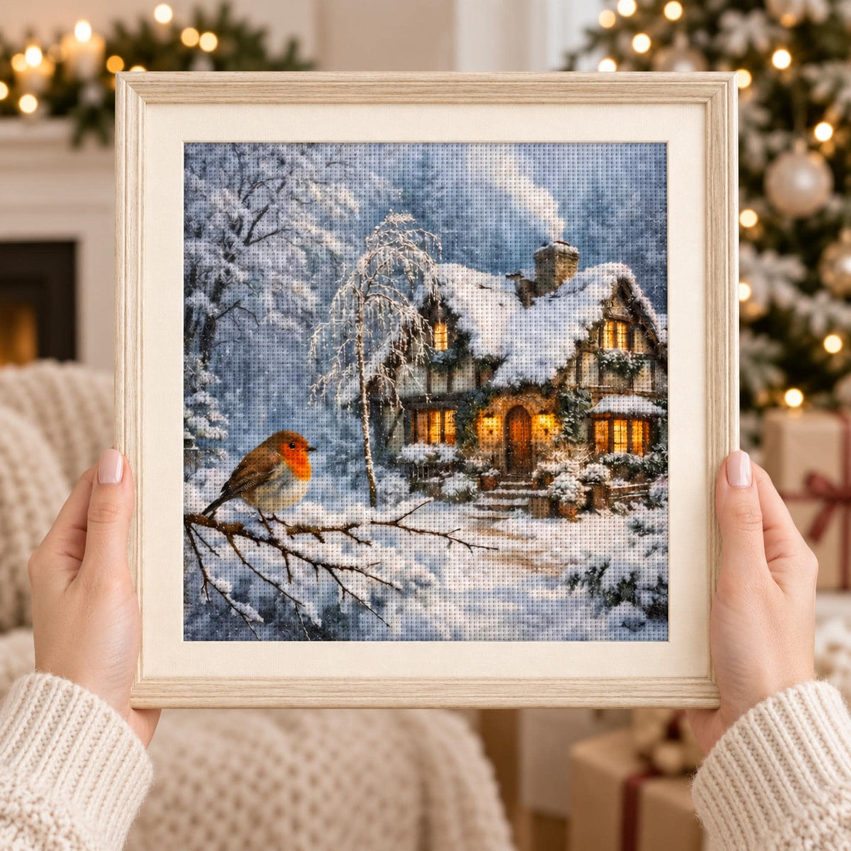 Winter Cottage Cross Stitch Kit, 14CT Stamped Embroidery Kit, Snowy House and Robin Needlework, 40x40cm Christmas Craft for Adults