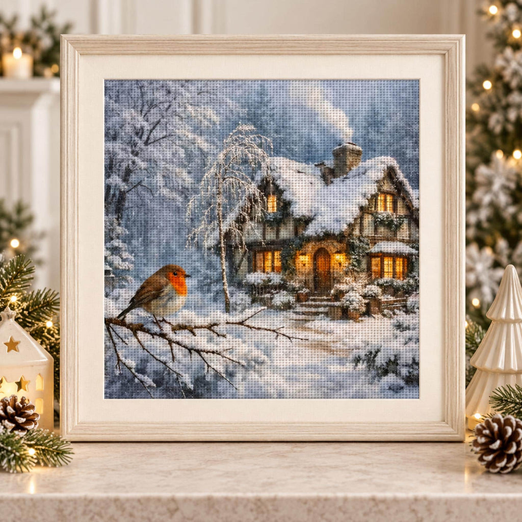 Winter Cottage Cross Stitch Kit, 14CT Stamped Embroidery Kit, Snowy House and Robin Needlework, 40x40cm Christmas Craft for Adults