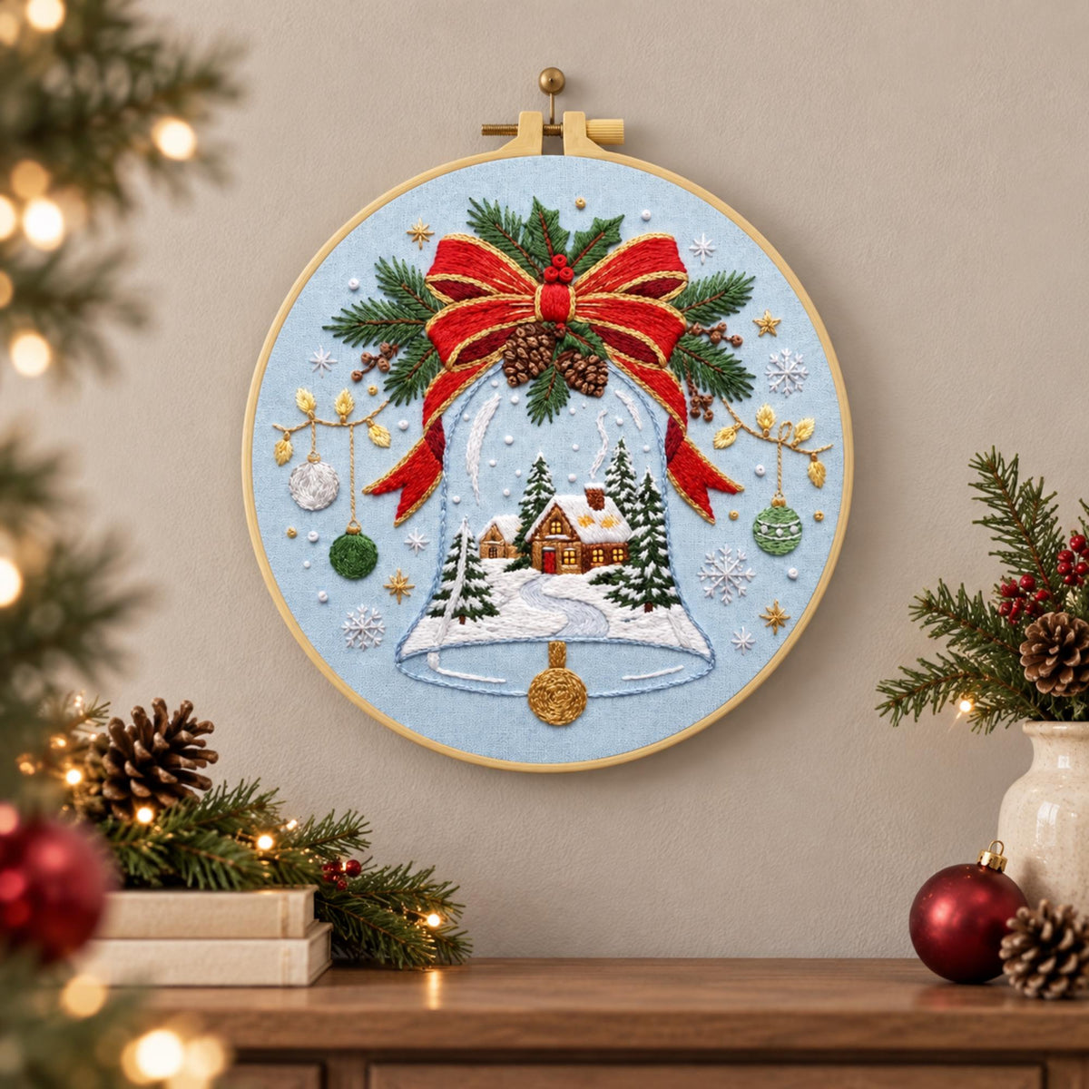 Christmas Bell Embroidery Kit for Beginners, 20cm Holiday Hand Stitch Kit, Winter Cottage Hoop Art, DIY Christmas Gift for Adults