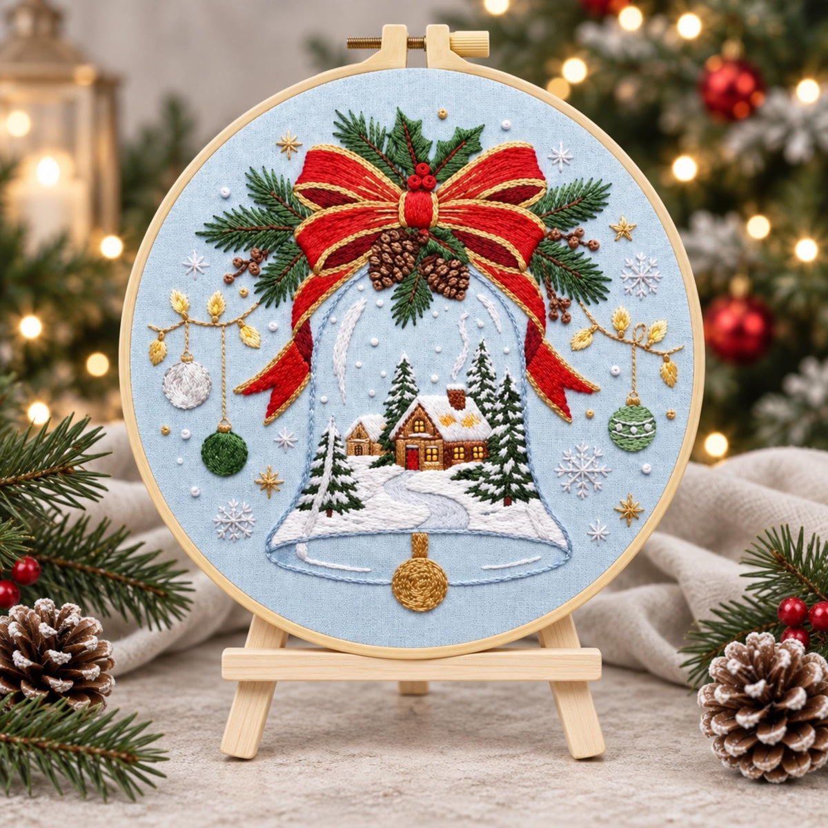 Christmas Bell Embroidery Kit for Beginners, 20cm Holiday Hand Stitch Kit, Winter Cottage Hoop Art, DIY Christmas Gift for Adults