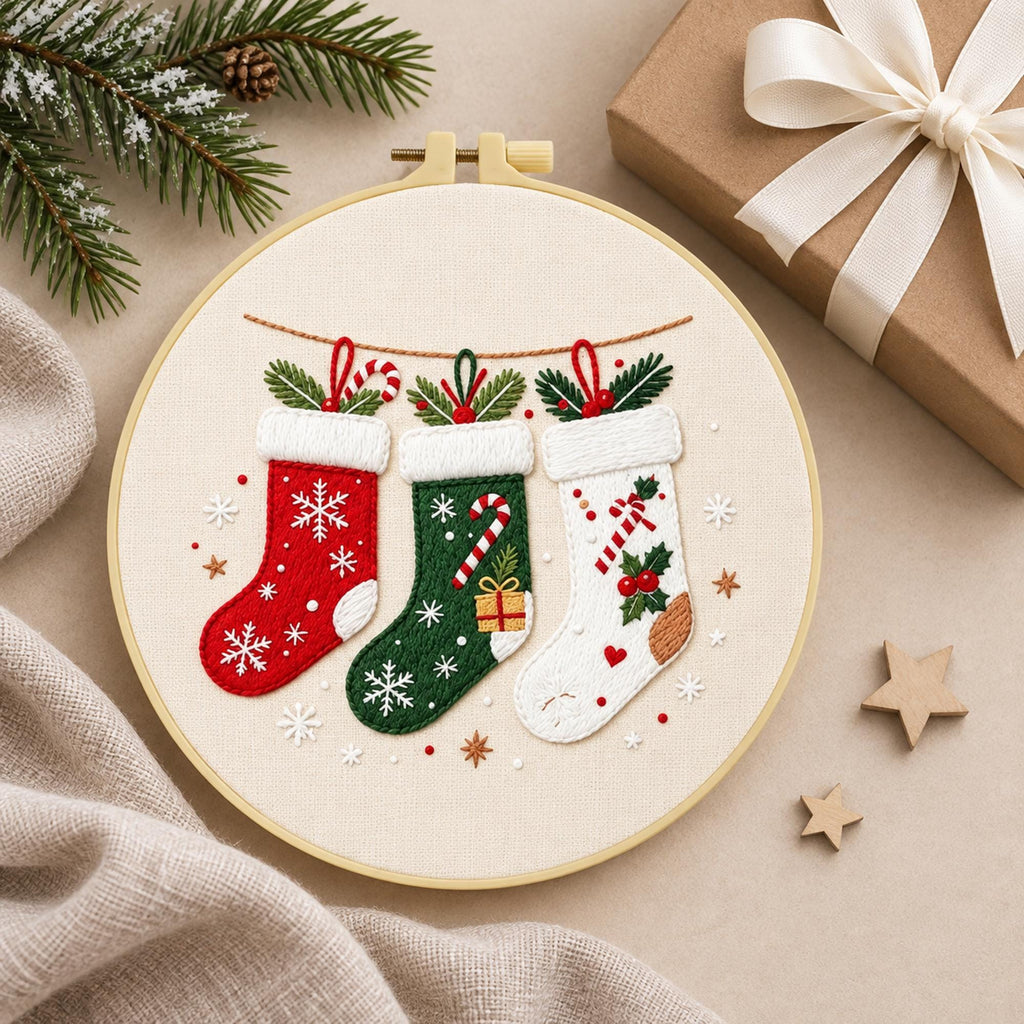 Christmas Embroidery Kit for Adults, Beginner Holiday Needlework Set, 20cm Stocking Hoop Art, DIY Christmas Gift